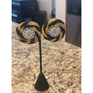 Earrings Vintage Nautical clip blk/gold rhinestone center 2”